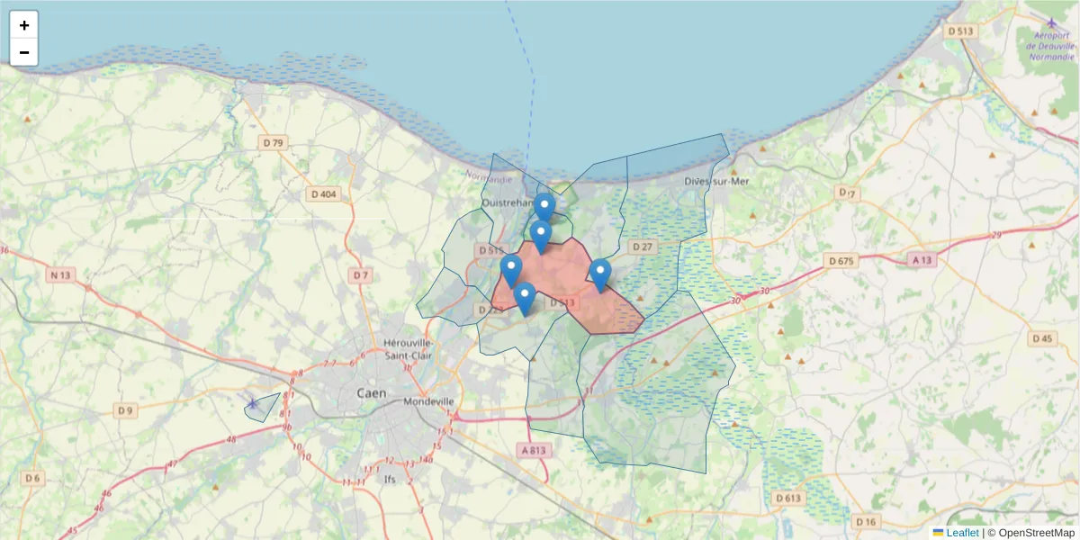 Carte de la zone du code postal  et des codes postaux voisins en France