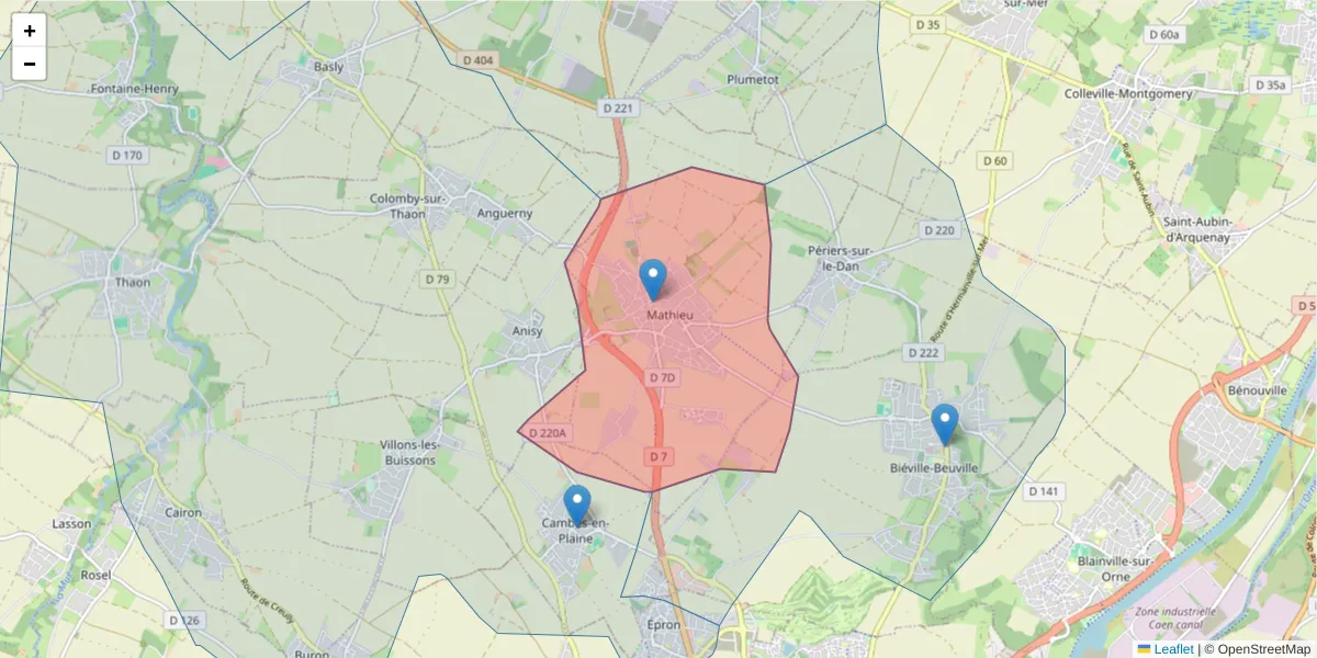 Carte de la zone du code postal  et des codes postaux voisins en France