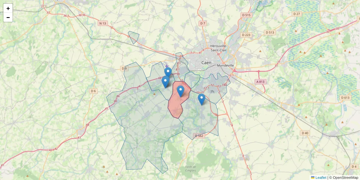 Carte de la zone du code postal  et des codes postaux voisins en France