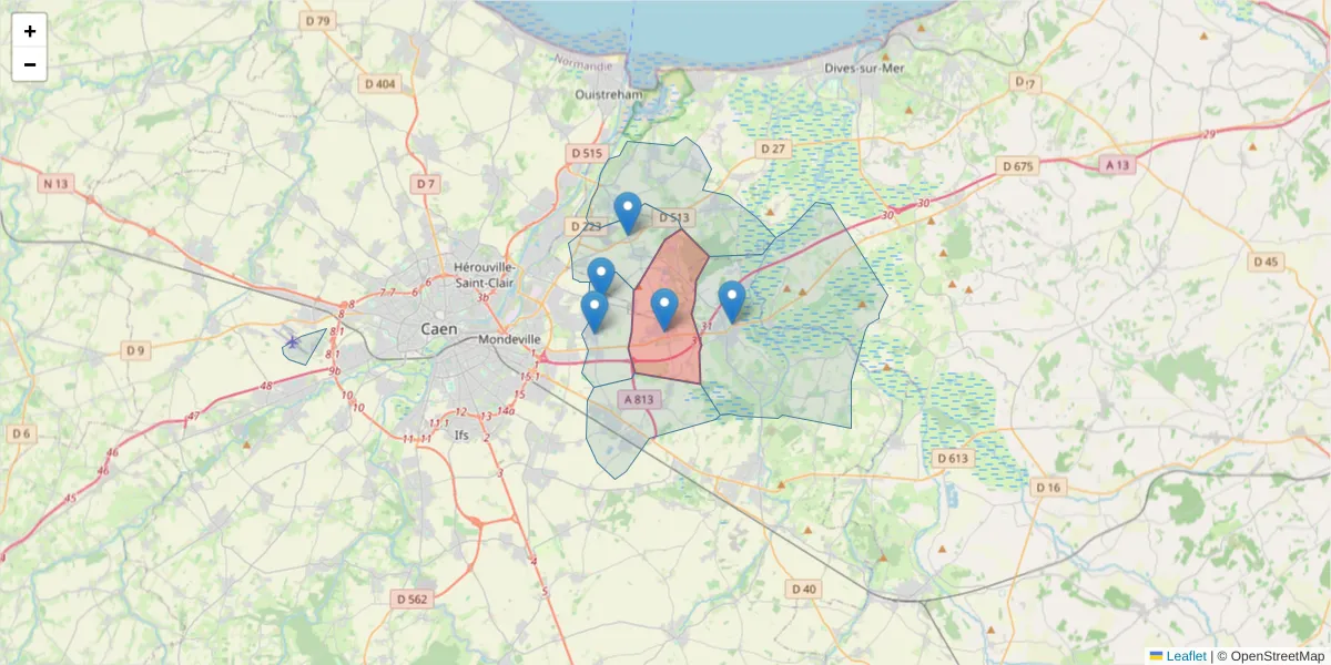 Carte de la zone du code postal  et des codes postaux voisins en France