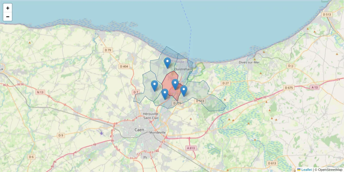 Carte de la zone du code postal  et des codes postaux voisins en France