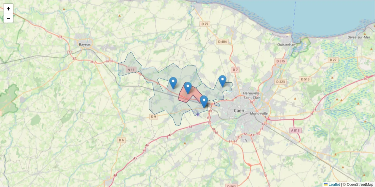 Carte de la zone du code postal  et des codes postaux voisins en France