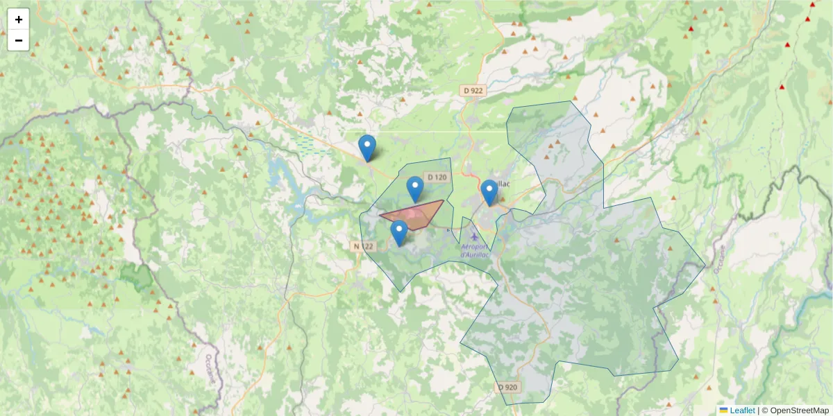 Carte de la zone du code postal  et des codes postaux voisins en France