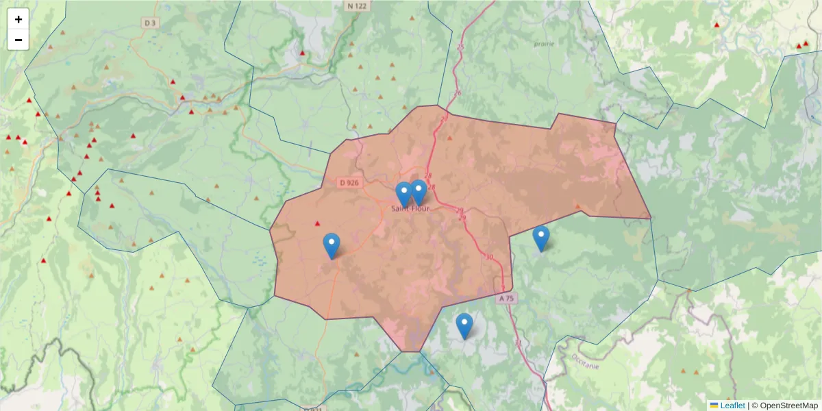 Carte de la zone du code postal  et des codes postaux voisins en France