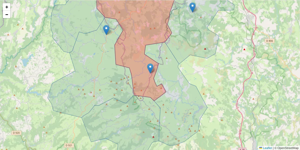 Carte de la zone du code postal  et des codes postaux voisins en France