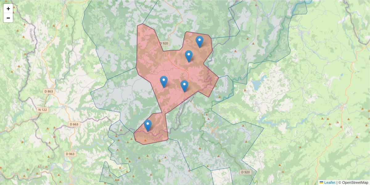Carte de la zone du code postal  et des codes postaux voisins en France