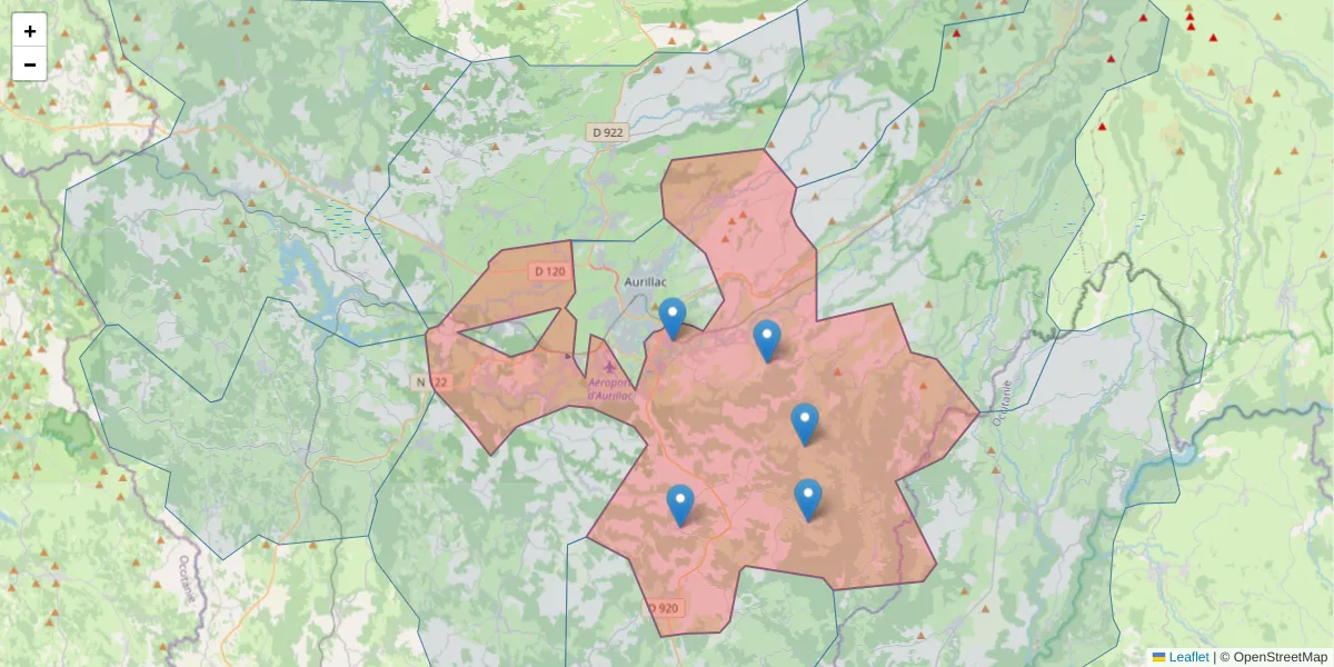 Carte de la zone du code postal  et des codes postaux voisins en France