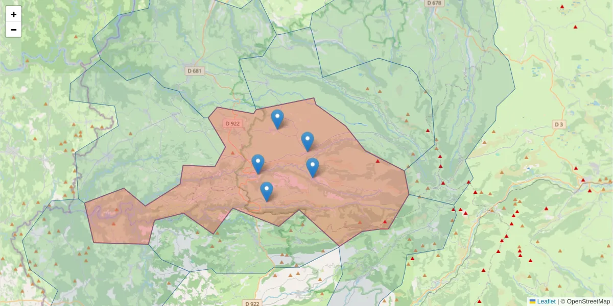 Carte de la zone du code postal  et des codes postaux voisins en France