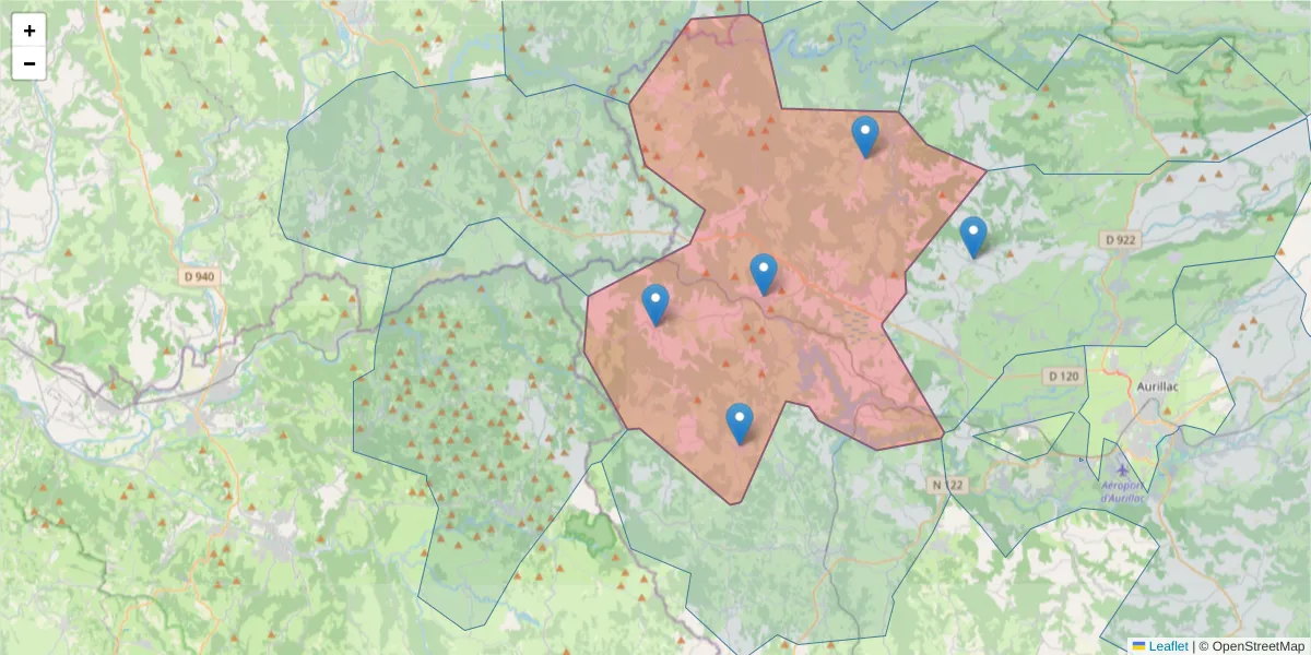 Carte de la zone du code postal  et des codes postaux voisins en France