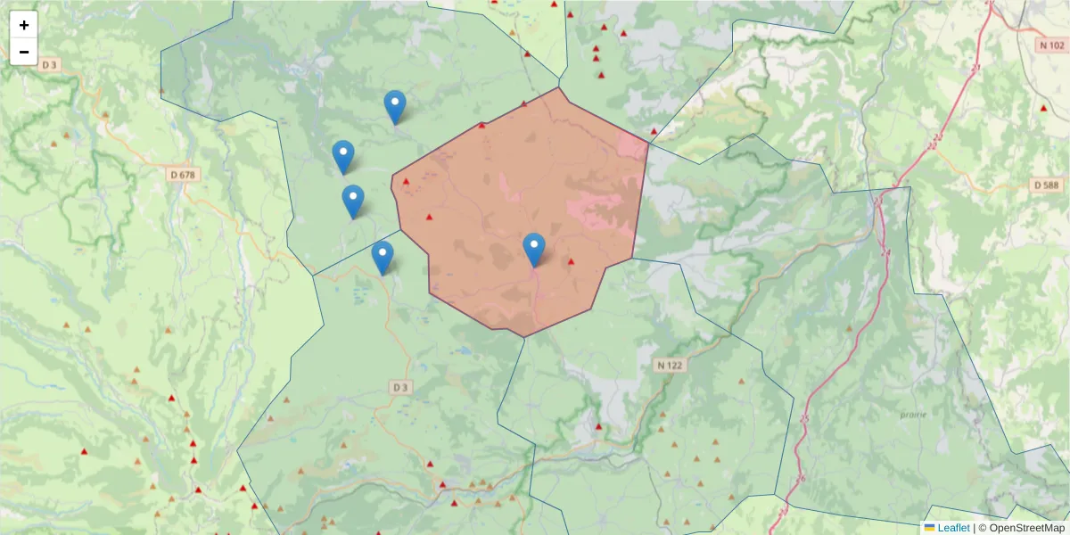 Carte de la zone du code postal  et des codes postaux voisins en France