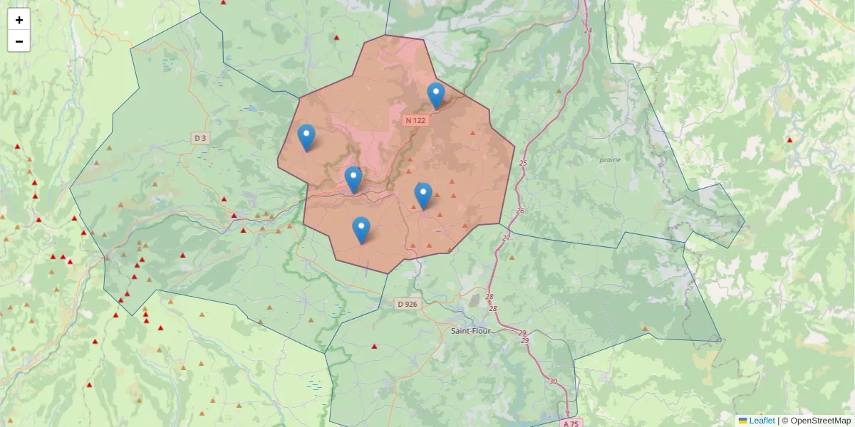 Carte de la zone du code postal  et des codes postaux voisins en France