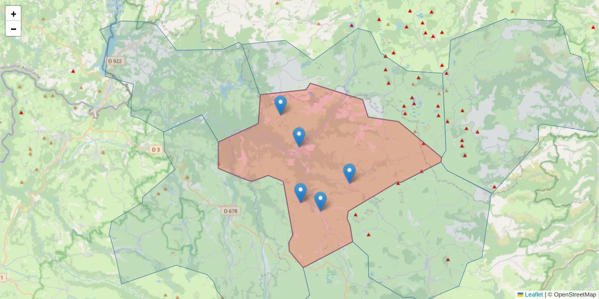 Carte de la zone du code postal  et des codes postaux voisins en France