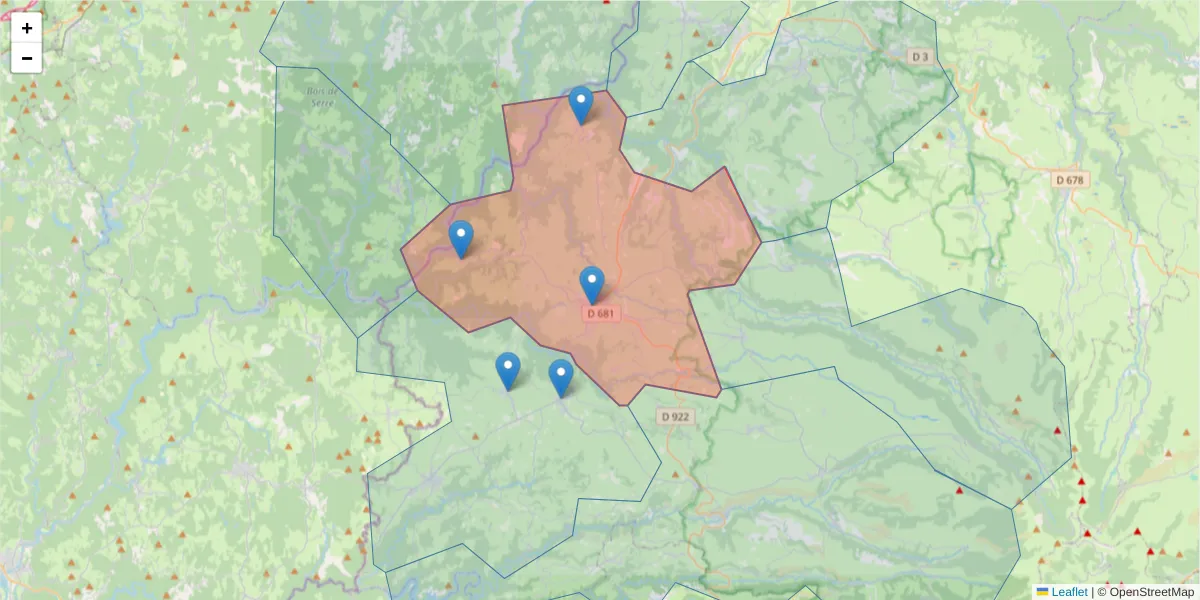 Carte de la zone du code postal  et des codes postaux voisins en France