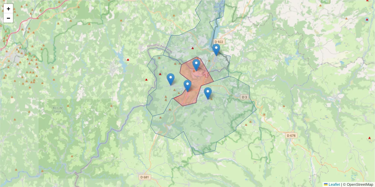 Carte de la zone du code postal  et des codes postaux voisins en France