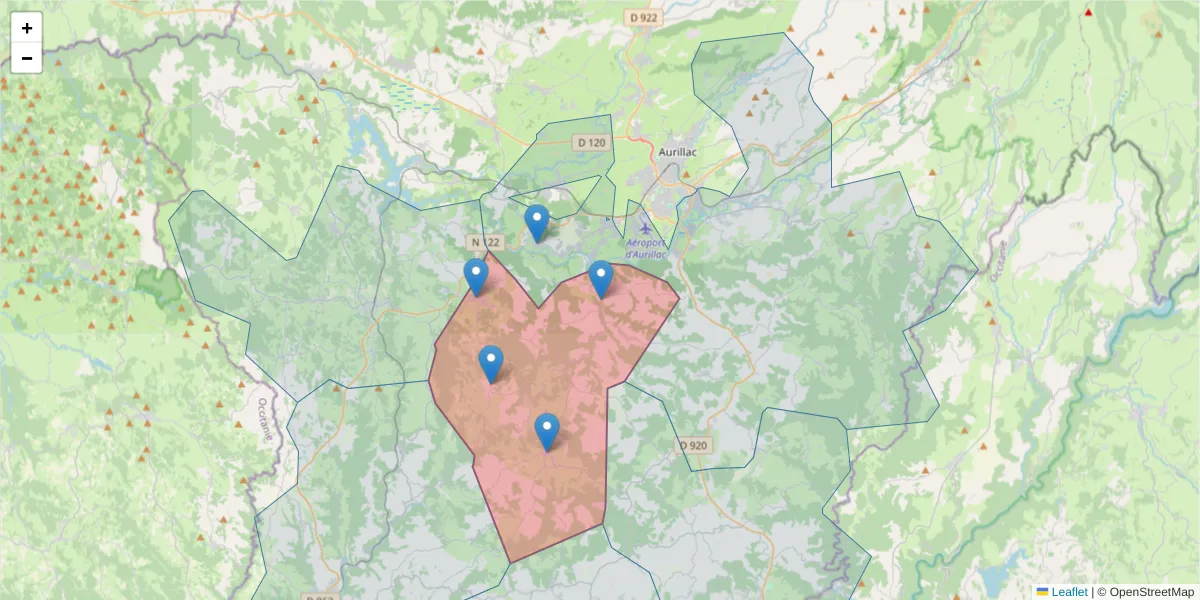 Carte de la zone du code postal  et des codes postaux voisins en France