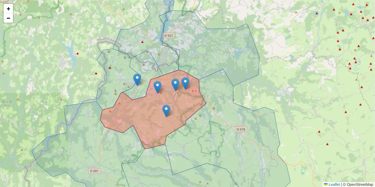 Carte de la zone du code postal  et des codes postaux voisins en France