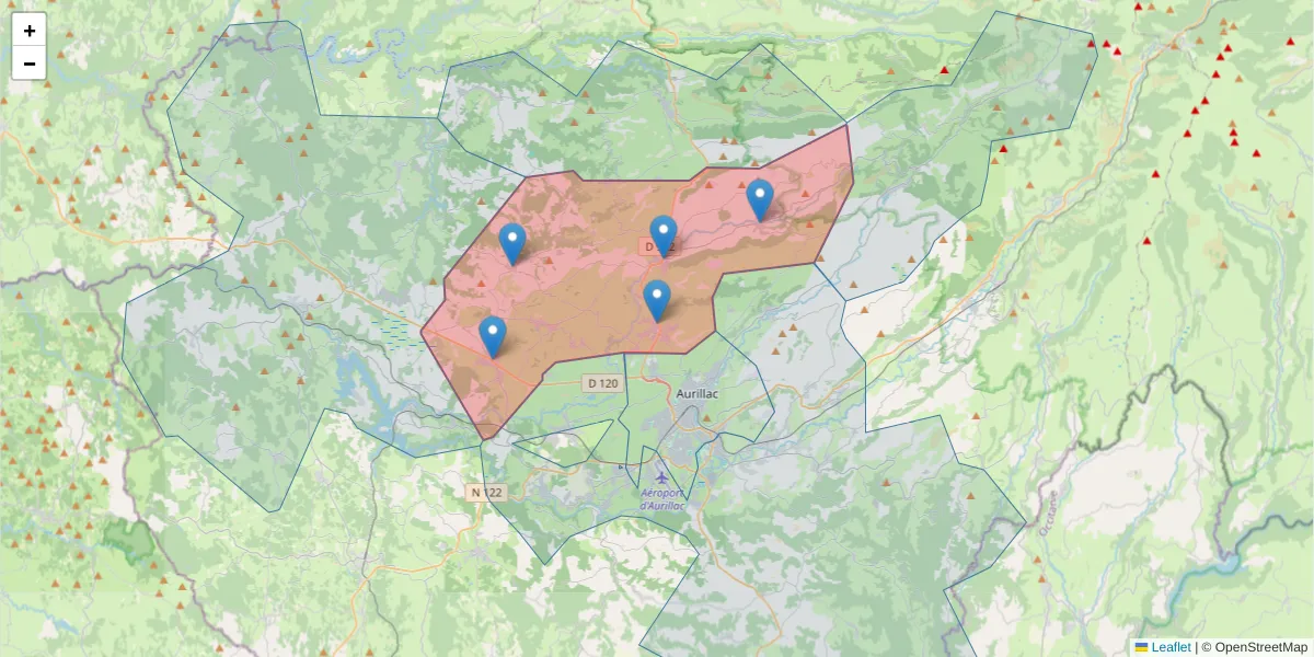 Carte de la zone du code postal  et des codes postaux voisins en France
