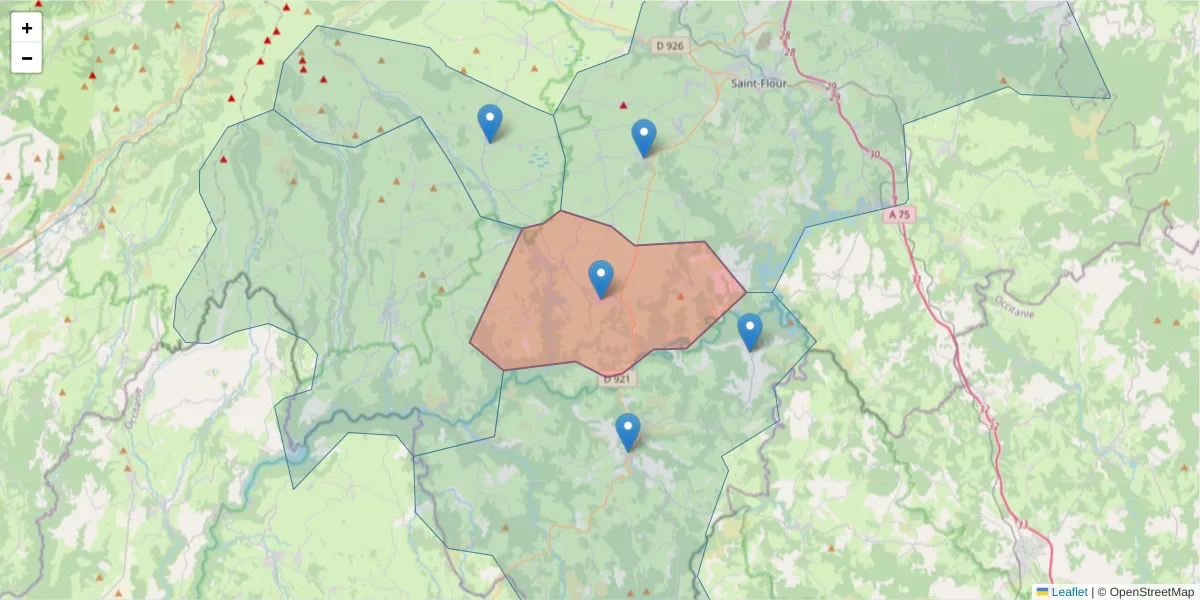 Carte de la zone du code postal  et des codes postaux voisins en France