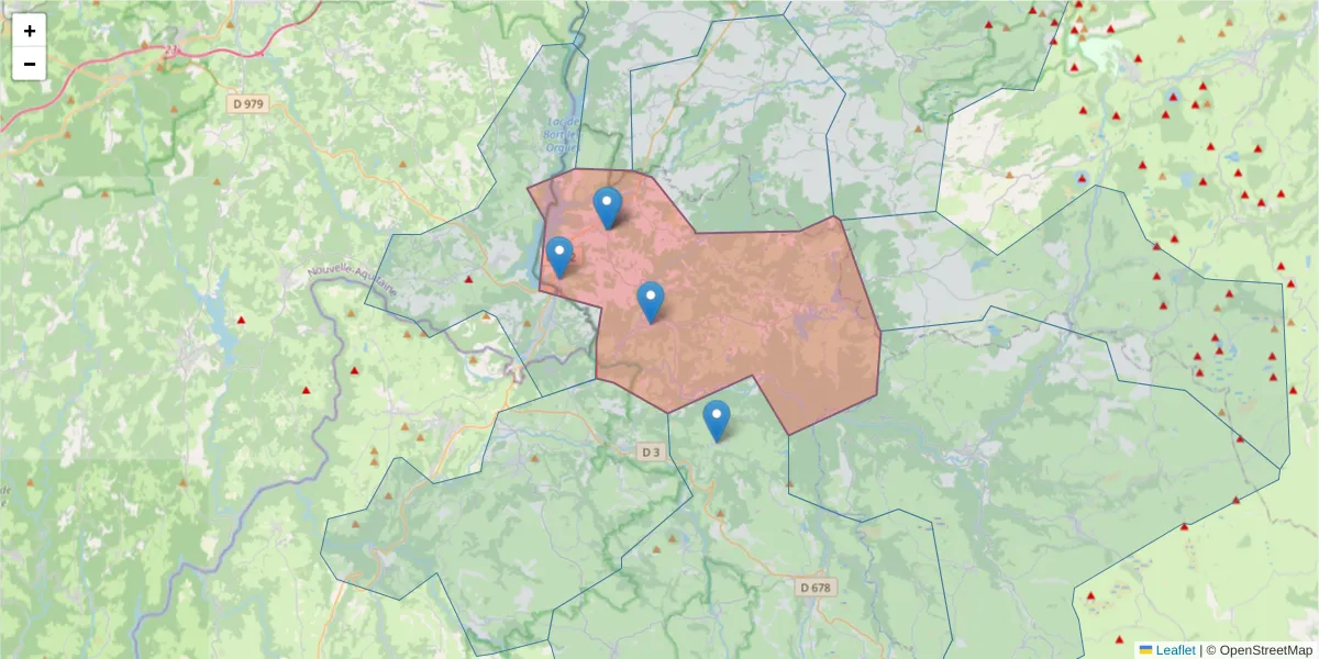 Carte de la zone du code postal  et des codes postaux voisins en France