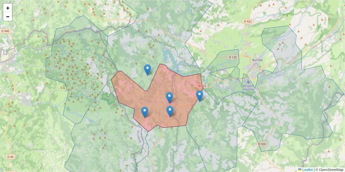 Carte de la zone du code postal  et des codes postaux voisins en France