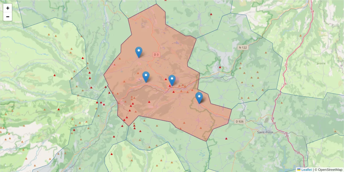 Carte de la zone du code postal  et des codes postaux voisins en France