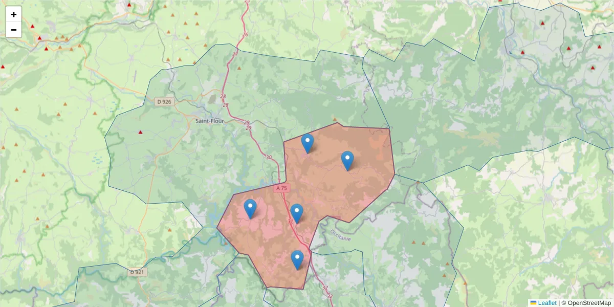 Carte de la zone du code postal  et des codes postaux voisins en France