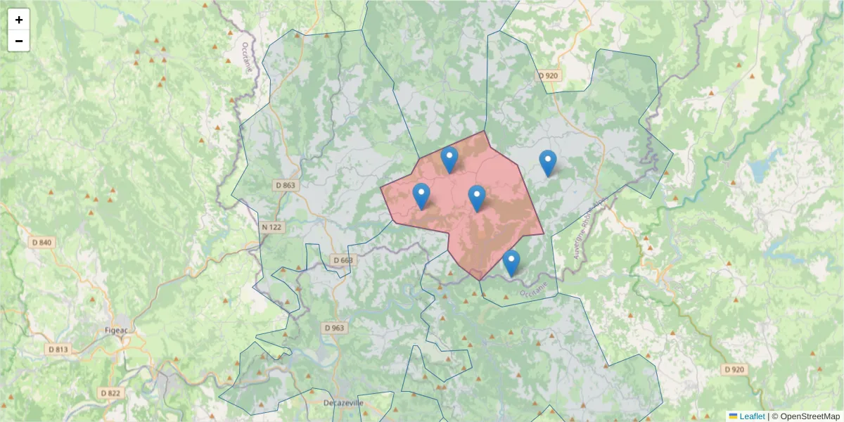 Carte de la zone du code postal  et des codes postaux voisins en France