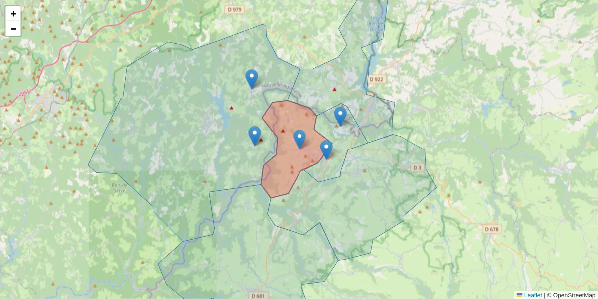 Carte de la zone du code postal  et des codes postaux voisins en France