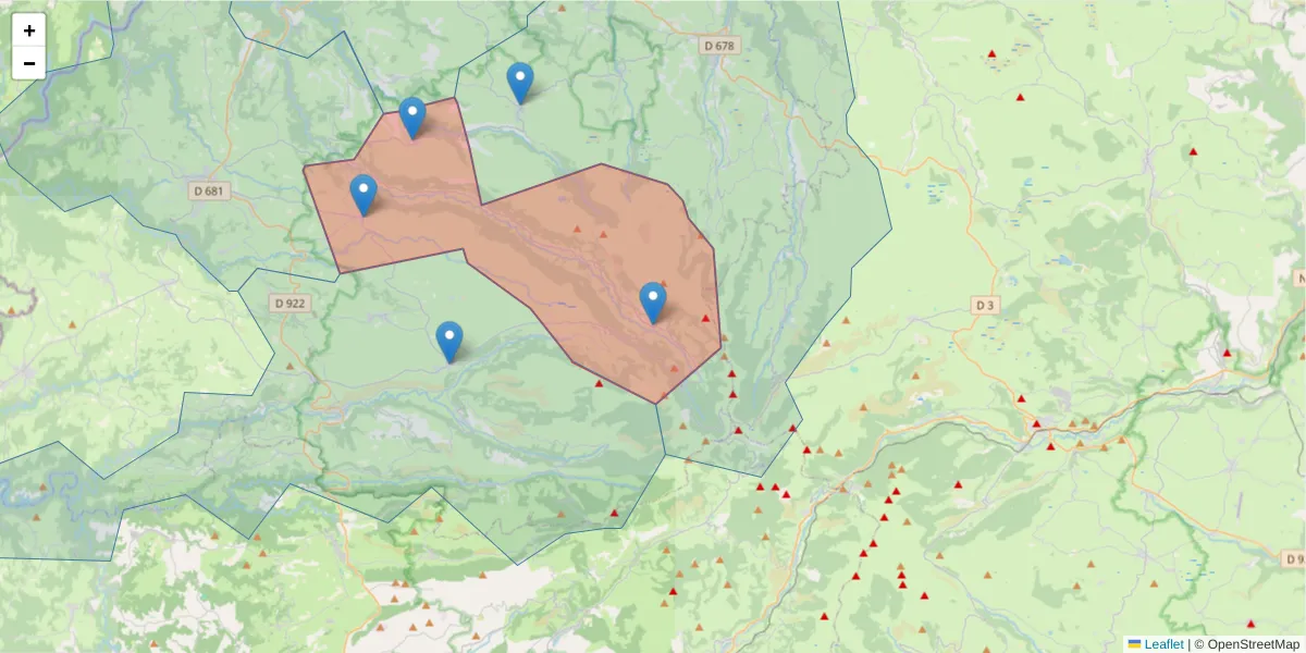Carte de la zone du code postal  et des codes postaux voisins en France