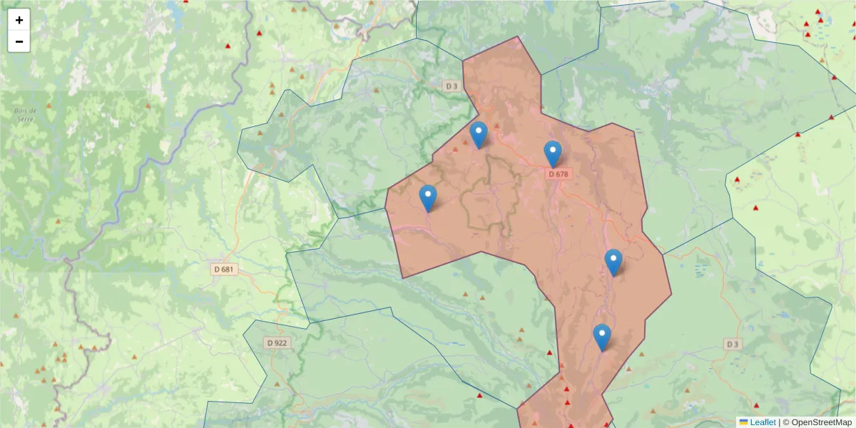 Carte de la zone du code postal  et des codes postaux voisins en France
