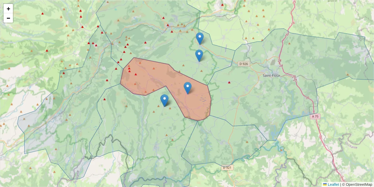 Carte de la zone du code postal  et des codes postaux voisins en France