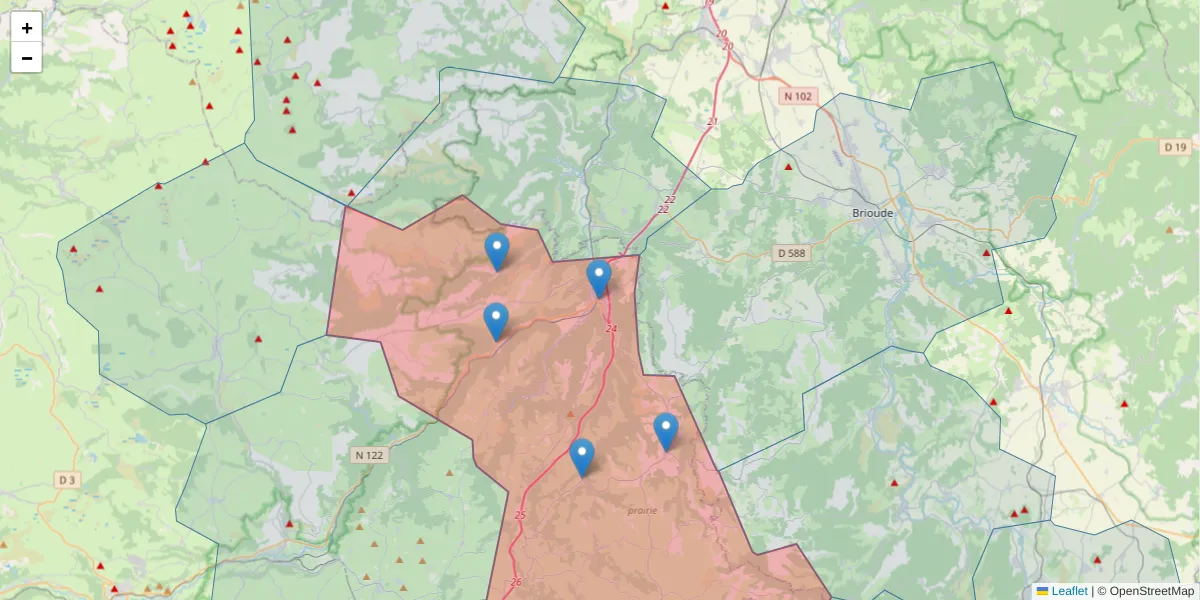 Carte de la zone du code postal  et des codes postaux voisins en France