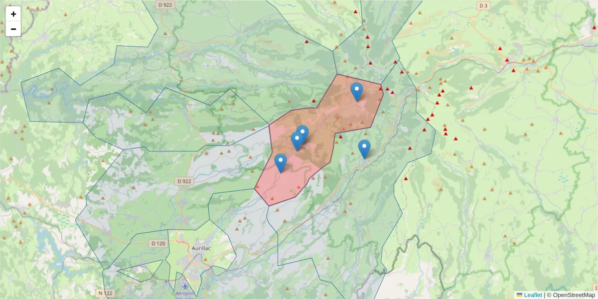 Carte de la zone du code postal  et des codes postaux voisins en France