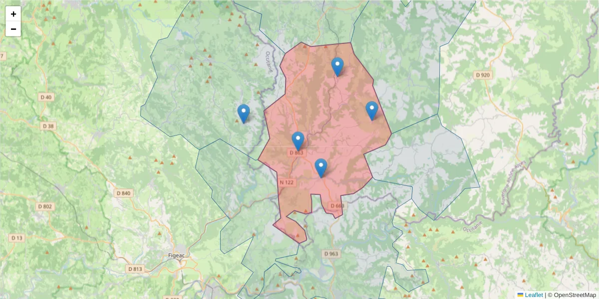 Carte de la zone du code postal  et des codes postaux voisins en France