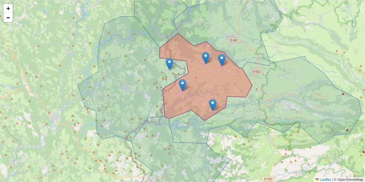 Carte de la zone du code postal  et des codes postaux voisins en France