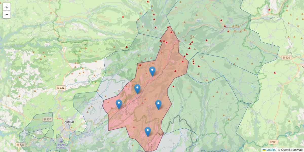 Carte de la zone du code postal  et des codes postaux voisins en France