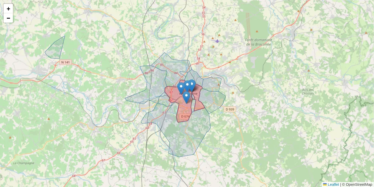 Carte de la zone du code postal  et des codes postaux voisins en France