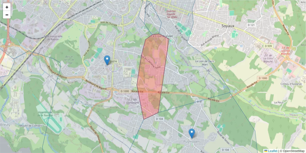 Carte de la zone du code postal  et des codes postaux voisins en France