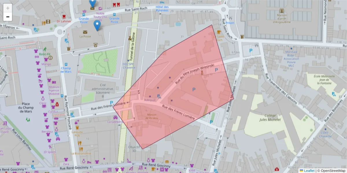 Carte de la zone du code postal  et des codes postaux voisins en France