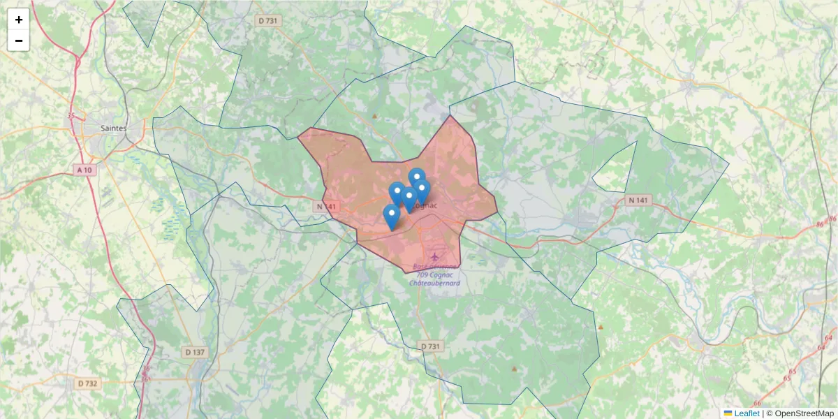 Carte de la zone du code postal  et des codes postaux voisins en France