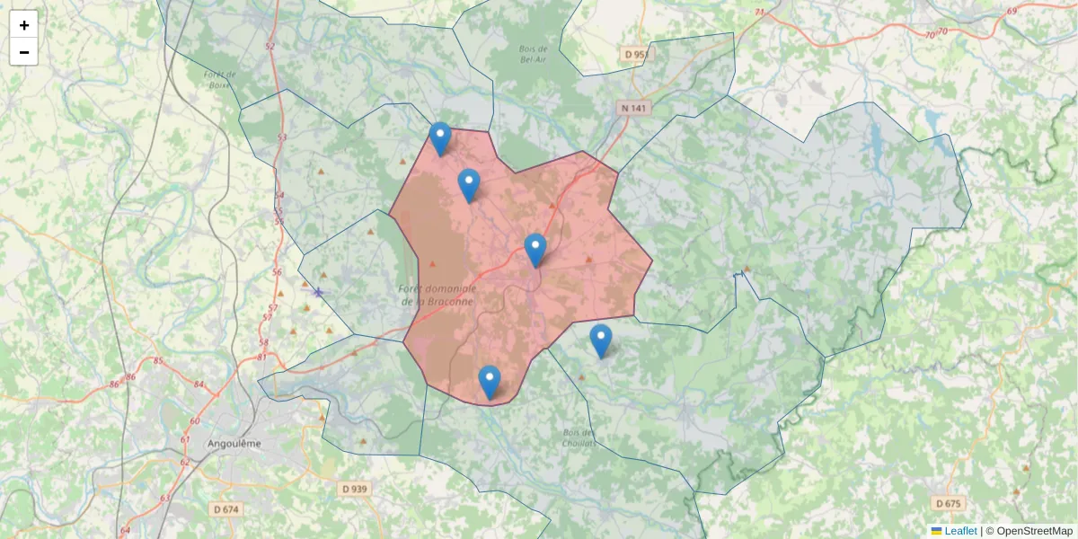 Carte de la zone du code postal  et des codes postaux voisins en France