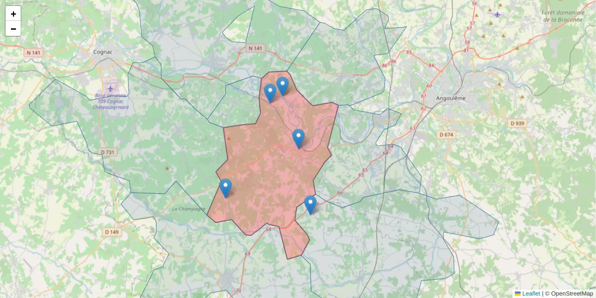 Carte de la zone du code postal  et des codes postaux voisins en France