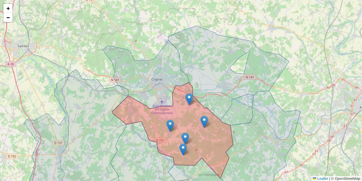 Carte de la zone du code postal  et des codes postaux voisins en France