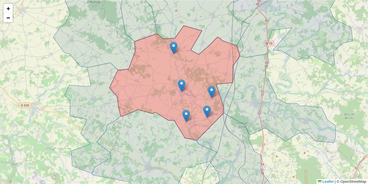 Carte de la zone du code postal  et des codes postaux voisins en France