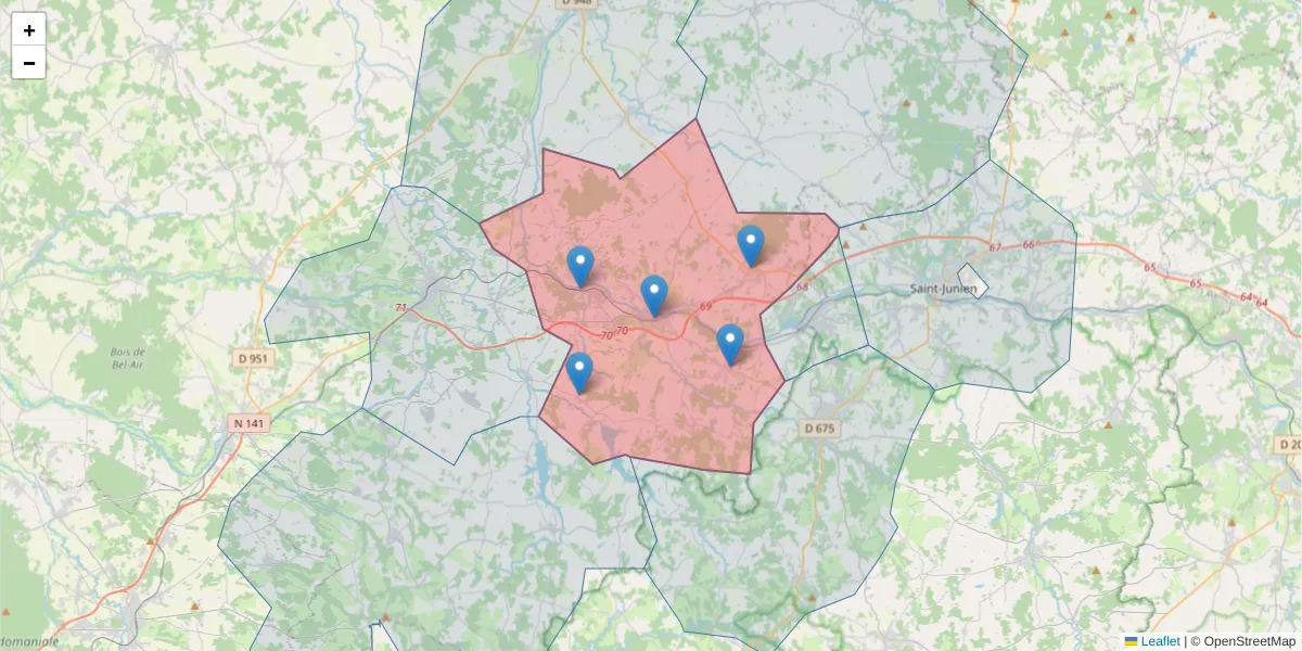 Carte de la zone du code postal  et des codes postaux voisins en France