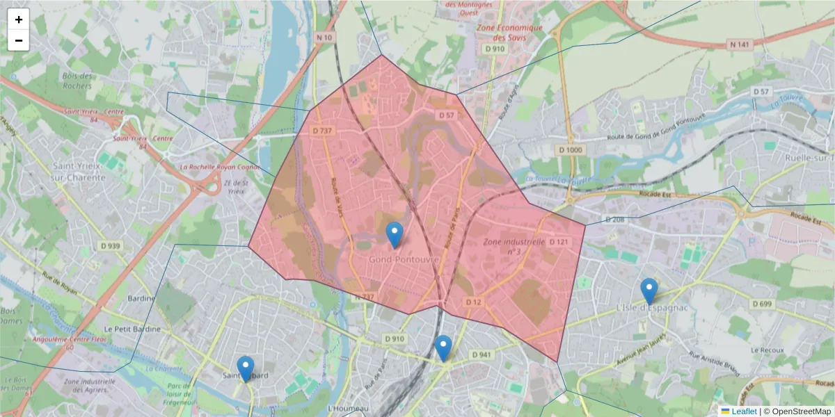 Carte de la zone du code postal  et des codes postaux voisins en France
