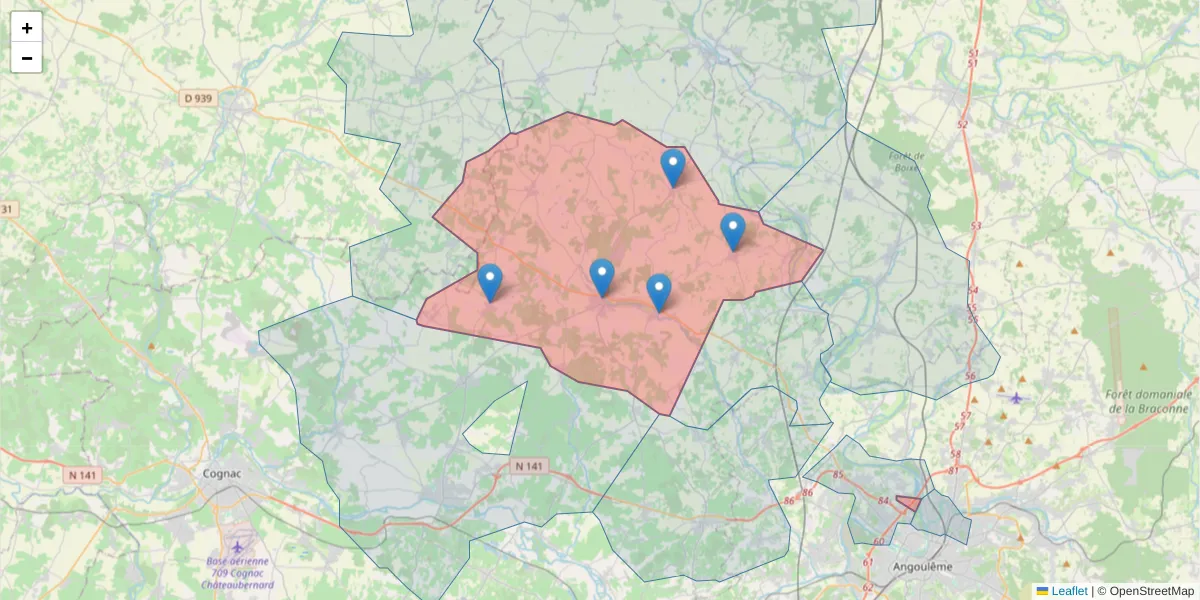 Carte de la zone du code postal  et des codes postaux voisins en France