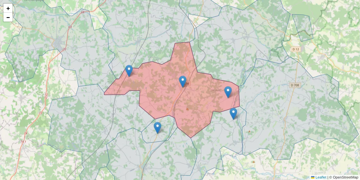 Carte de la zone du code postal  et des codes postaux voisins en France