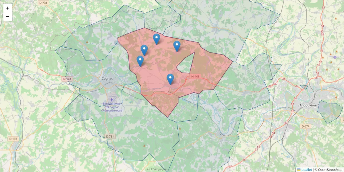 Carte de la zone du code postal  et des codes postaux voisins en France