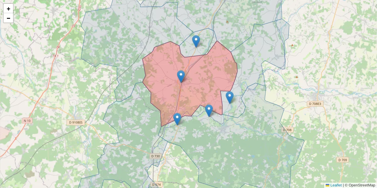 Carte de la zone du code postal  et des codes postaux voisins en France